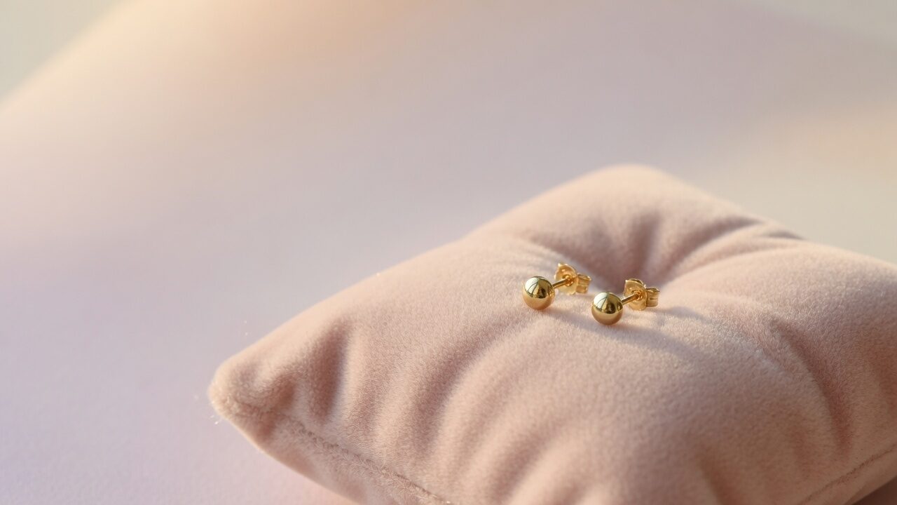 Small gold stud earrings on a soft velvet cushion