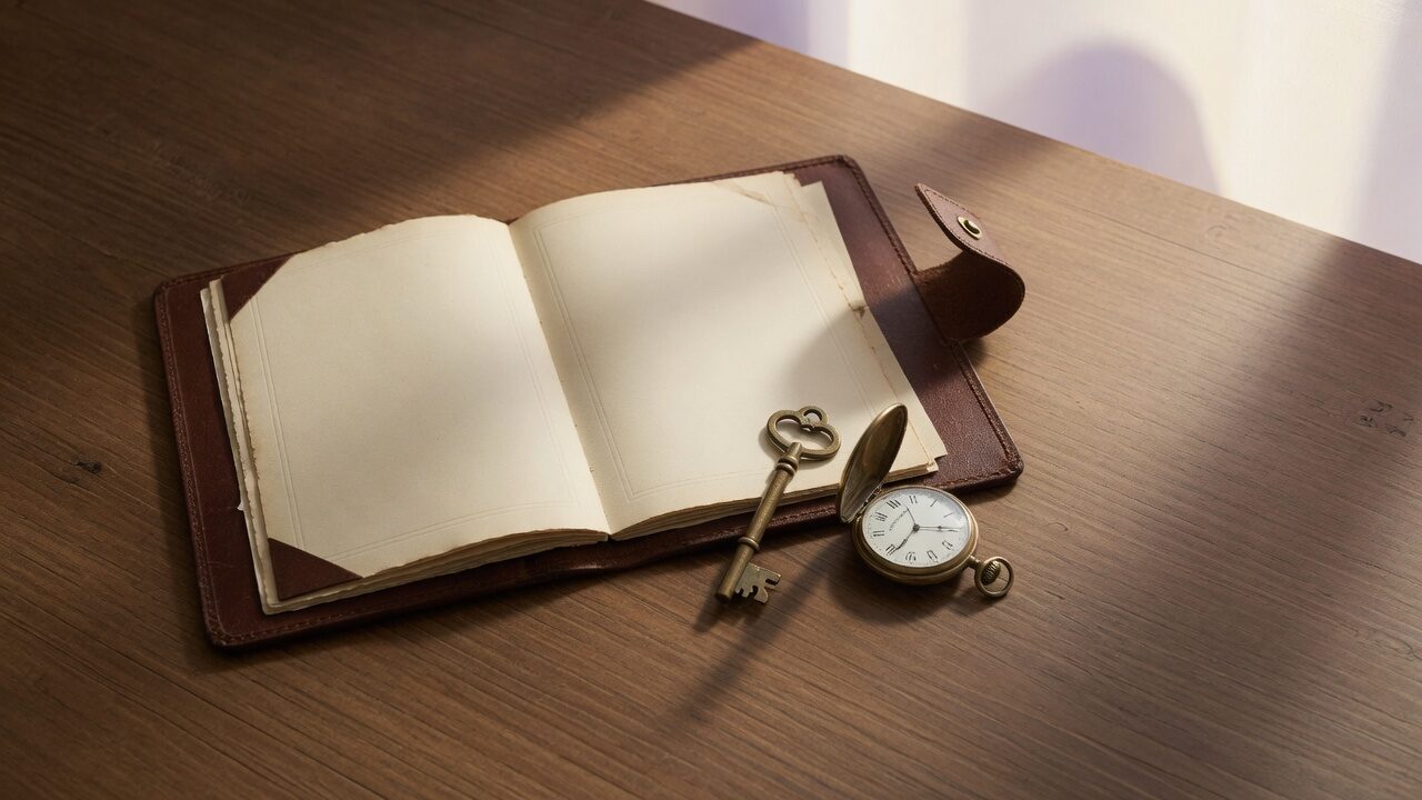 Leather document folio with a brass key and pocket watch on a desk