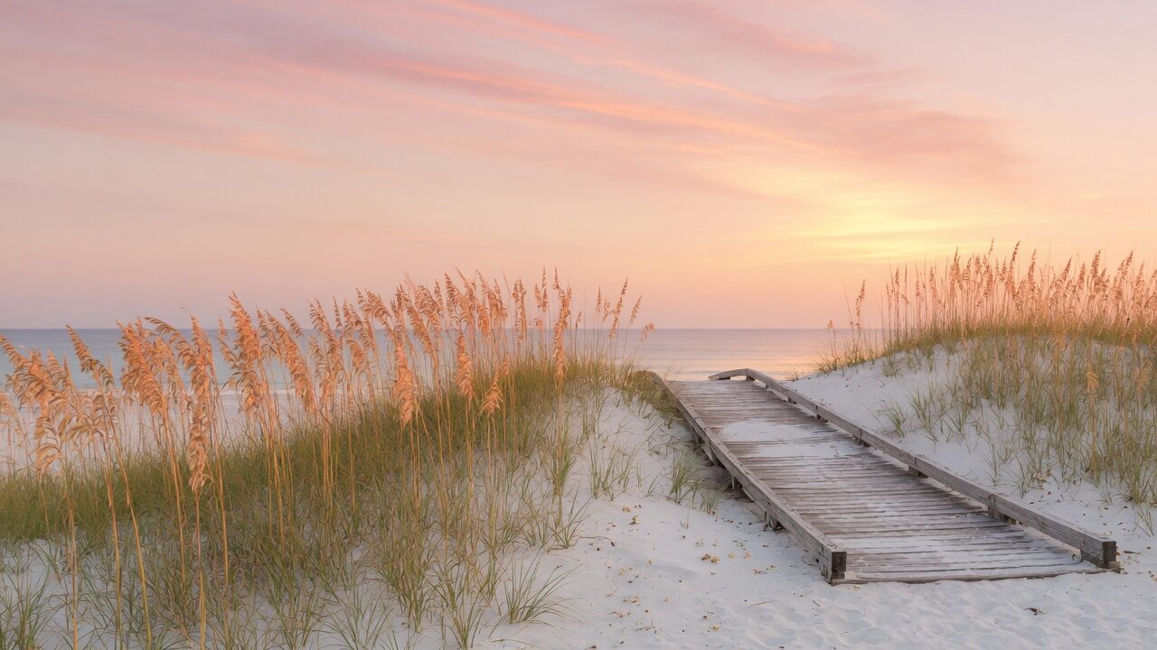 Wooden dune walkway leading to the ocean at sunrise in Jacksonville Beach