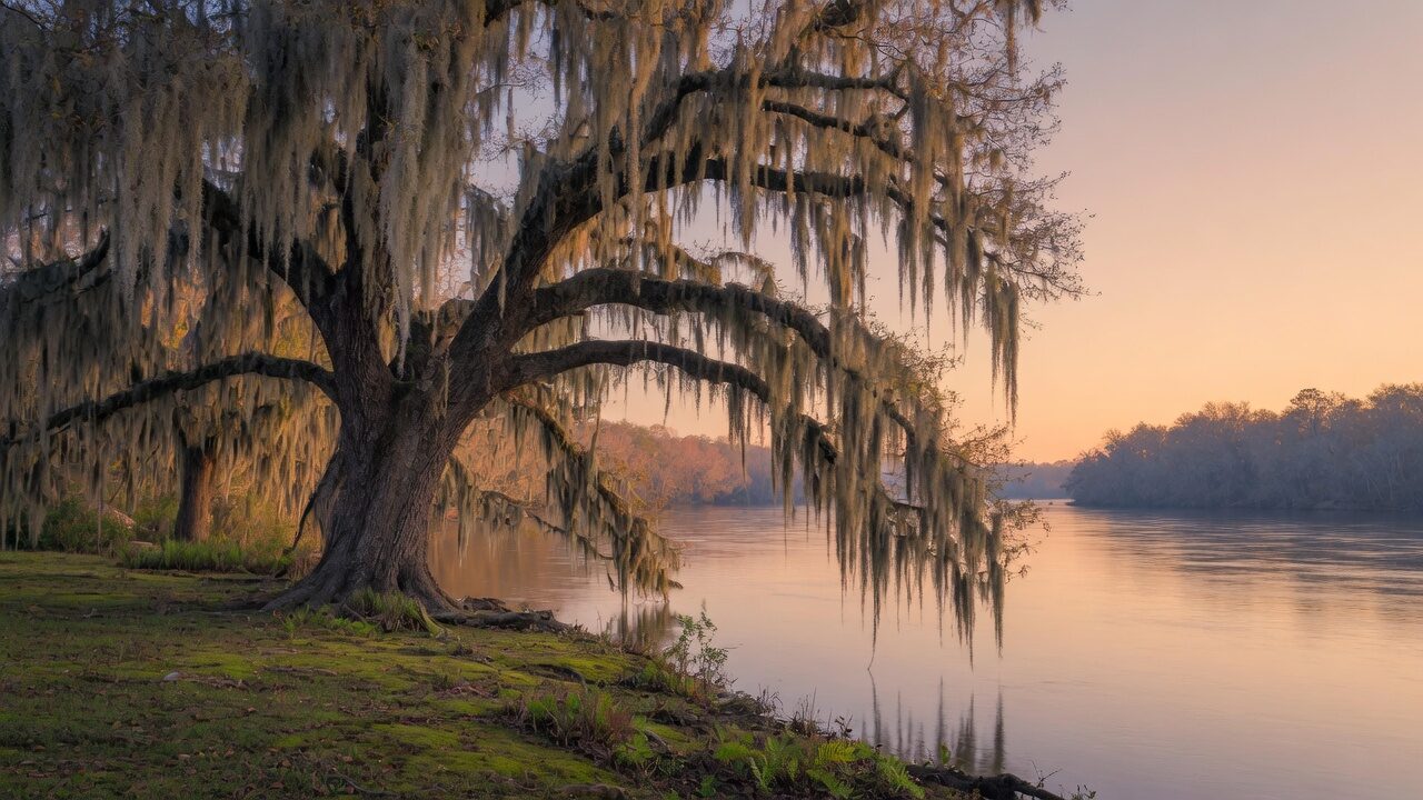 Live oak draped with Spanish moss on the riverbank near Orange Park