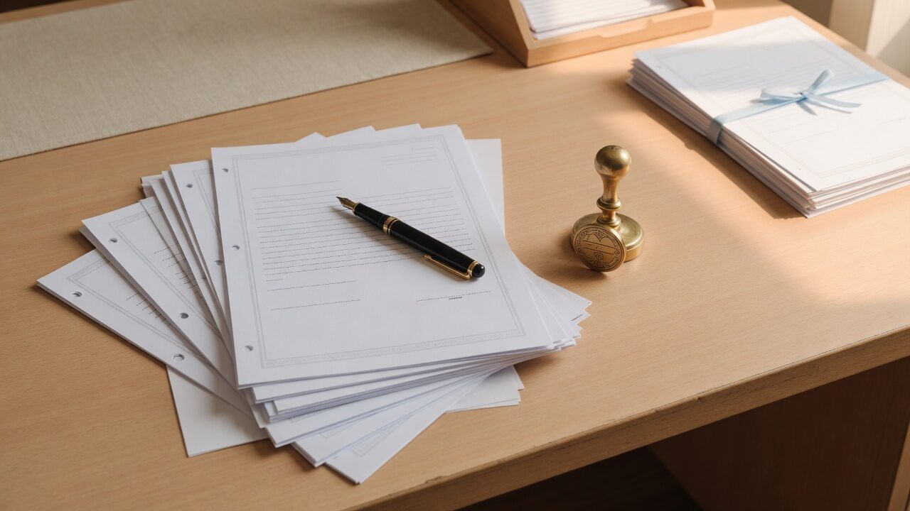Blank legal document with a pen and brass hand seal on a warm desk