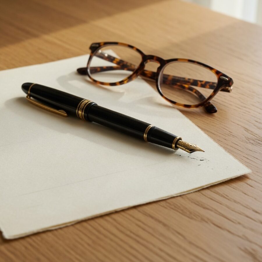 Fountain pen resting on a document beside reading glasses