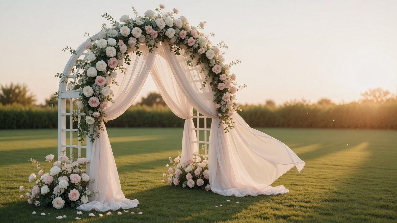 White garden wedding arch with roses and sheer fabric at golden hour